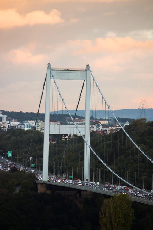 Free View of Bosphorus Bridge with heavy traffic during sunset in Istanbul, Turkey. Stock Photo