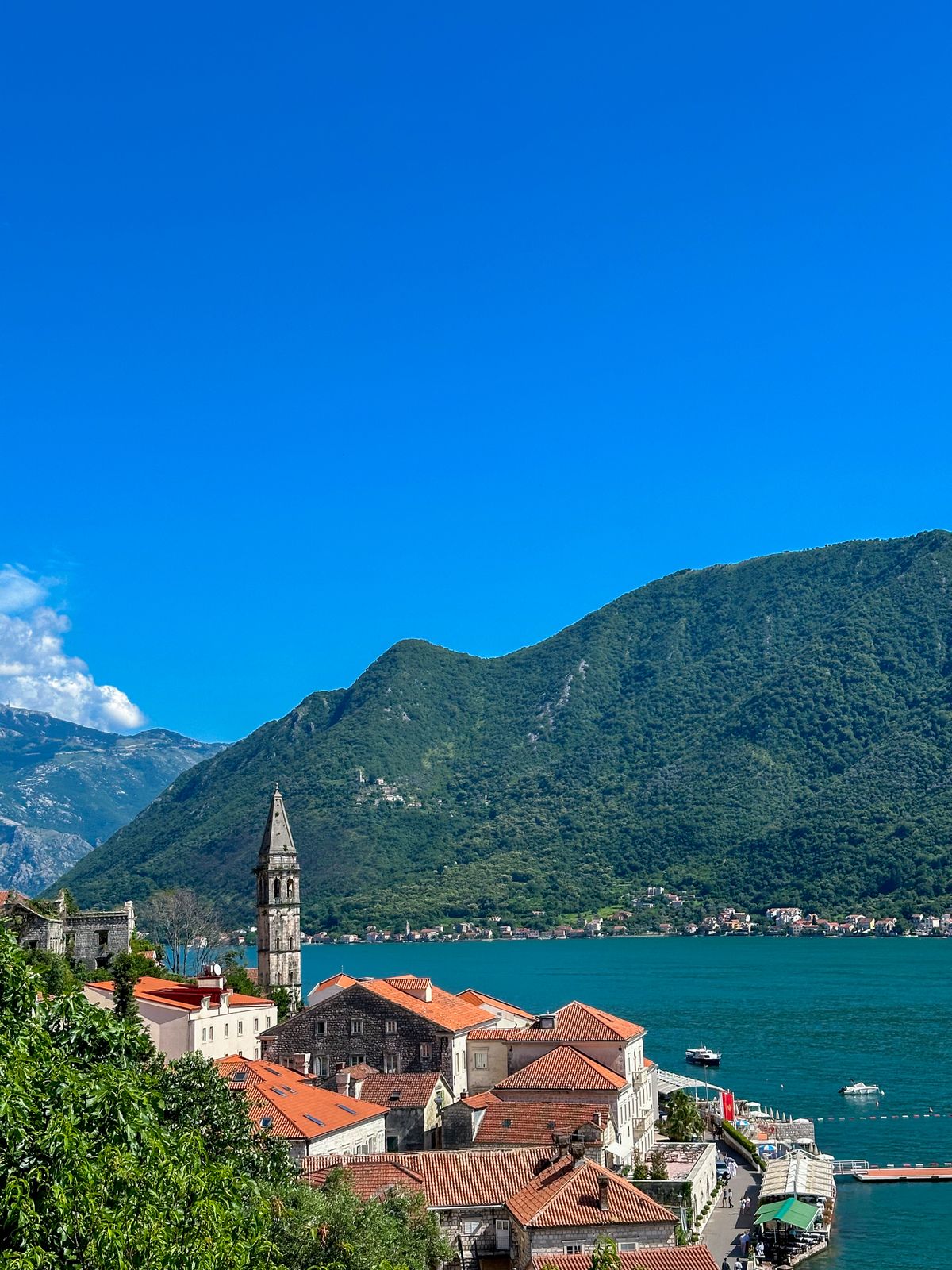 Scenic view of Perast and the Bay of Kotor, Montenegro, at dusk — baroque palazzi on the water