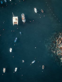 A serene aerial shot of various boats floating in the deep blue ocean near rocky shores.