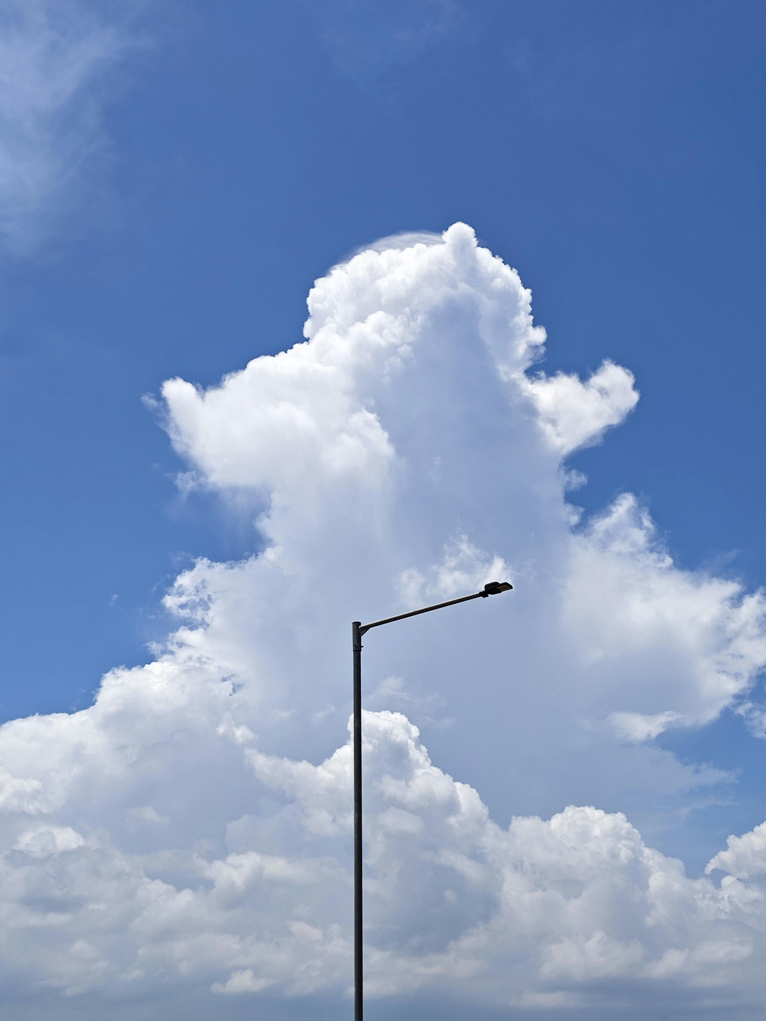 bezplatná Dramatický kupovitý mrak tyčící se vedle pouliční lampy pod jasnou modrou oblohou. Ideální pro témata počasí a přírody. Základová fotografie