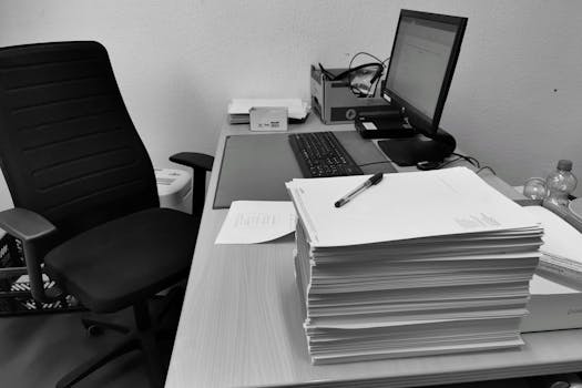 Black and white image of a cluttered office desk with a computer, chair, and paperwork.