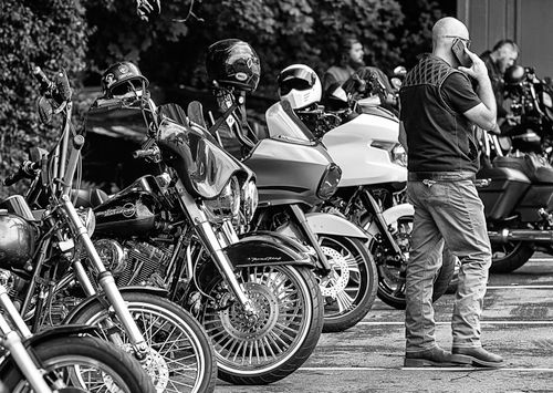 Free Bikers and motorcycles gathered in Goodview, Virginia, showcasing diverse bikes and styles. Stock Photo