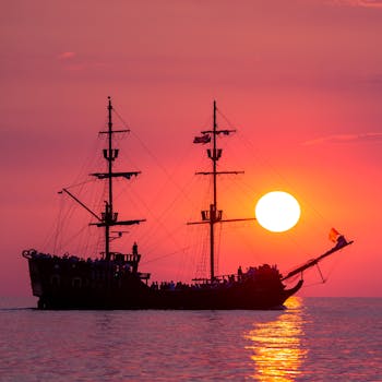 在生动的海上日落中，海盗船的轮廓格外醒目
