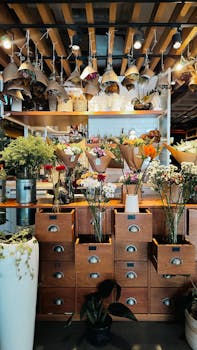 Beautiful indoor flower shop with a variety of vibrant bouquets and wooden shelves.