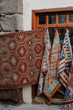 A display of colorful traditional rugs with intricate patterns hanging outdoors.