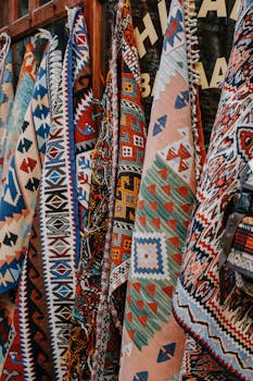 A vibrant display of traditional Turkish kilims featuring geometric patterns and rich colors.