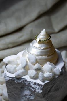 Stylish seashell adorned with a green beaded ring, surrounded by white stones.