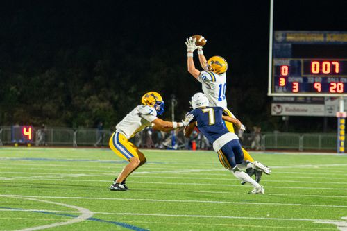 Free High school football players in a dramatic mid-air catch during a night game. Stock Photo