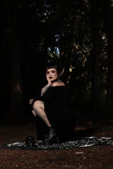 A solitary woman with tattoos sits in a dark forest, creating a mysterious and gothic mood.