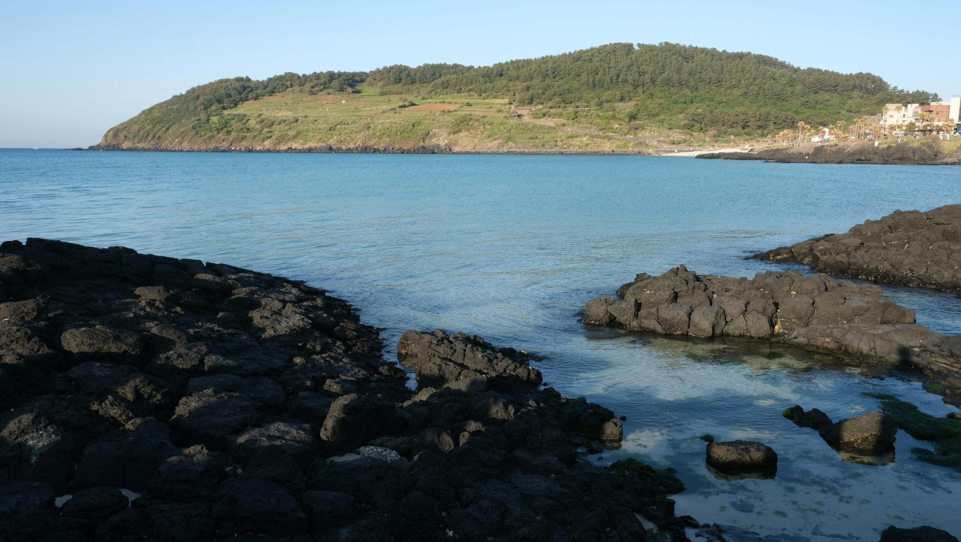 Explore the stunning rocky coastline of Jeju Island with clear blue waters and lush greenery.