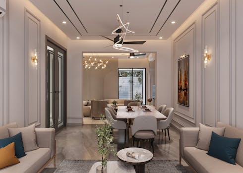 Elegant and modern living room interior in Punjab, featuring stylish decor and lighting.