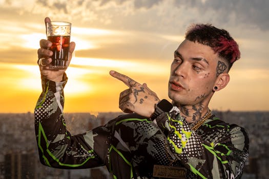 A trendy man holding a drink with a stunning sunset over Buenos Aires in the background.