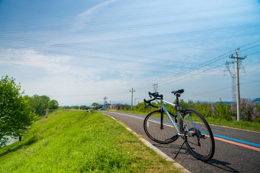 A bicycle resting on a picturesque country road in Hangzhou, Zhejiang, showcasing vibrant greenery and clear skies.