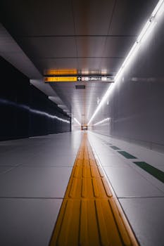 Explore a modern underground passageway in Tokyo, emphasizing symmetry and design.