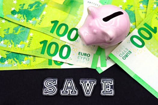 A piggy bank on euro bills with 'save' text highlights money saving concepts.