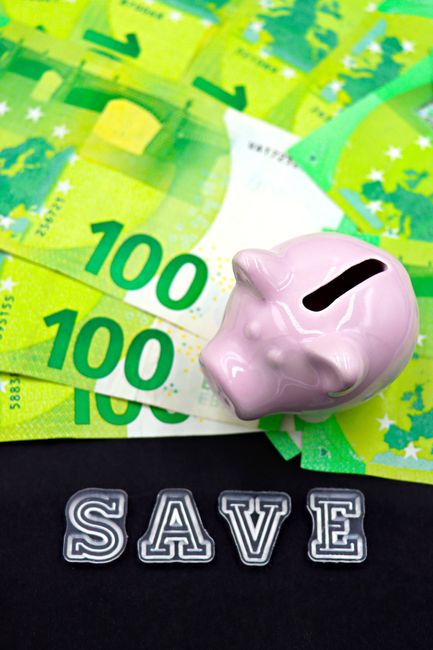 Pink piggy bank on Euro banknotes with 'SAVE' text, symbolizing financial savings.