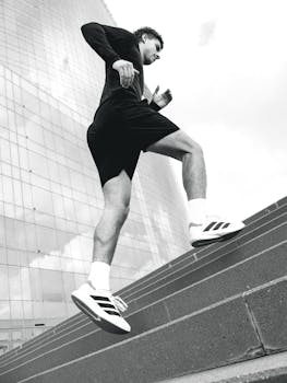 Monochrome image of a person running up stairs, capturing dynamic movement against a cityscape.