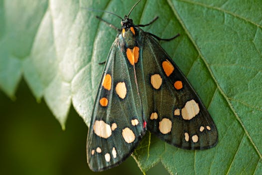 绿叶上，一只蝴蝶的特写展示着充满活力的图案