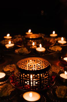 Vibrant display of Diwali candles and diyas symbolizing the festival of lights in India.