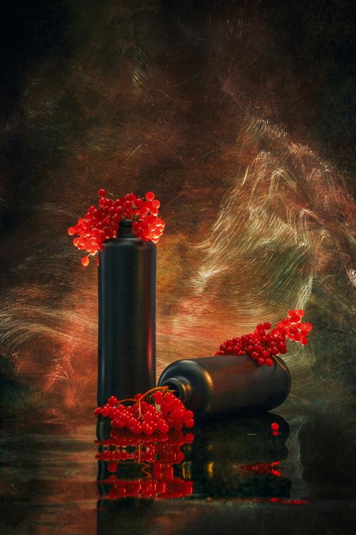 Free Striking still life of red berries and sleek black bottles against a textured background, creating a dramatic visual. Stock Photo