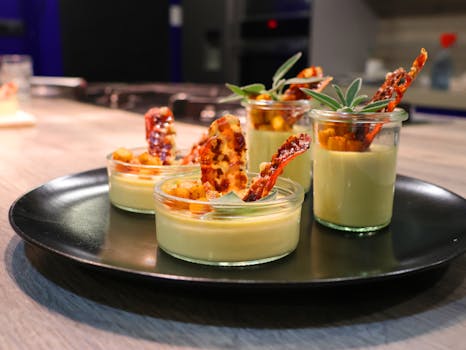 Elegant gourmet dessert served in glass jars with caramelized topping and herbs.