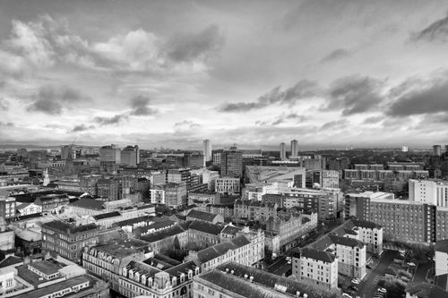 Free Captivating aerial black and white view of Glasgow's urban skyline showcasing dense architecture. Stock Photo