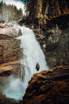 Majestic shot of Krimml Waterfalls with a traveler enjoying the scenic beauty in Salzburg, Austria.