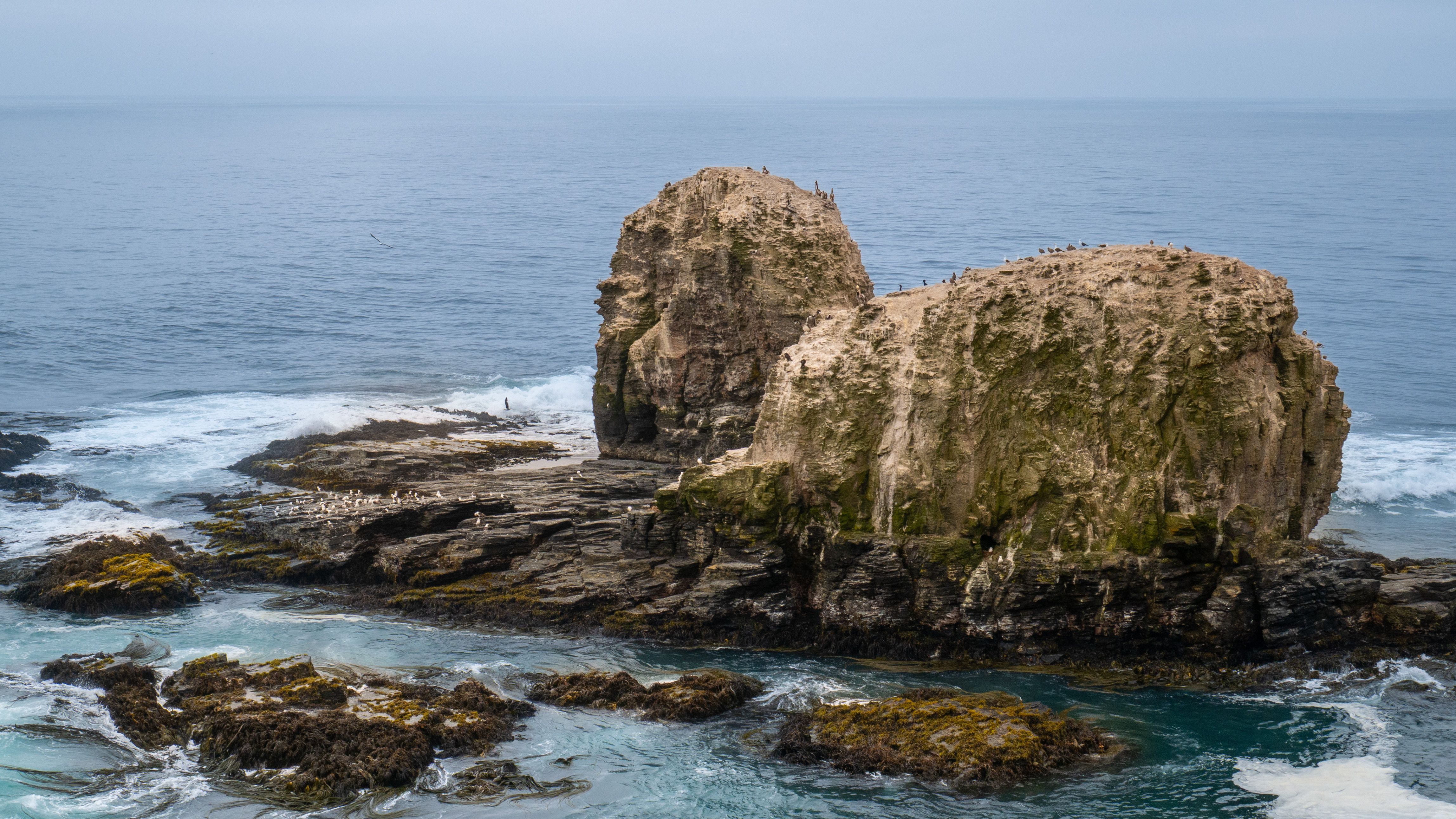 A breathtaking view of the rocky coastline in Pichilemu, Chile with ocean waves crashing.