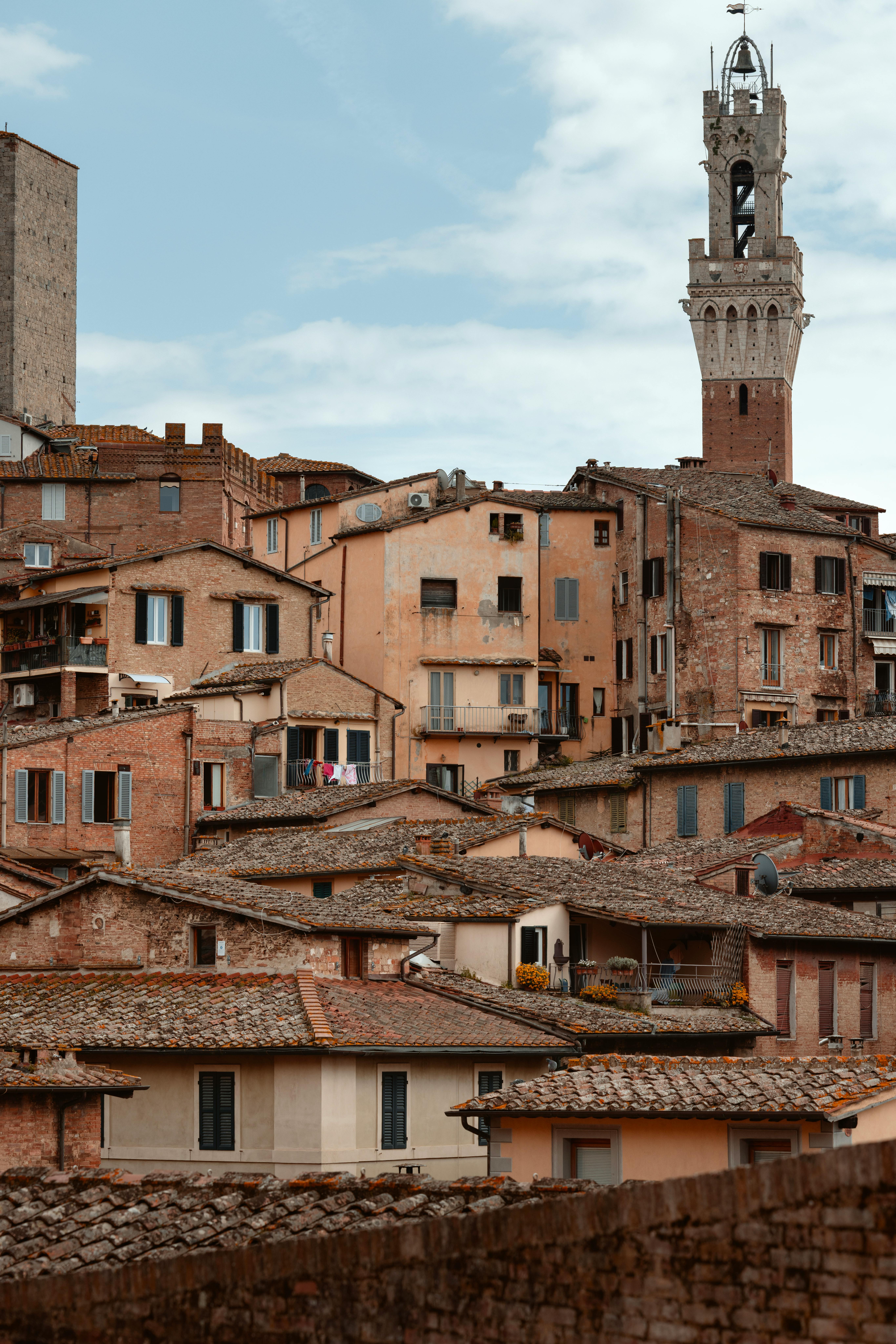 View of Siena rooftops with iconic Torre del Mangia under a cloudy sky.