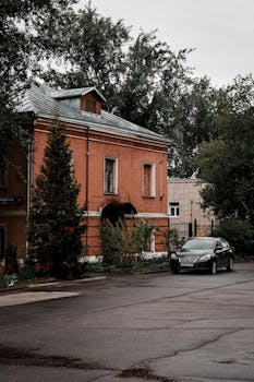 Charming brick architecture with classic design on a quiet street in Moscow, Russia.