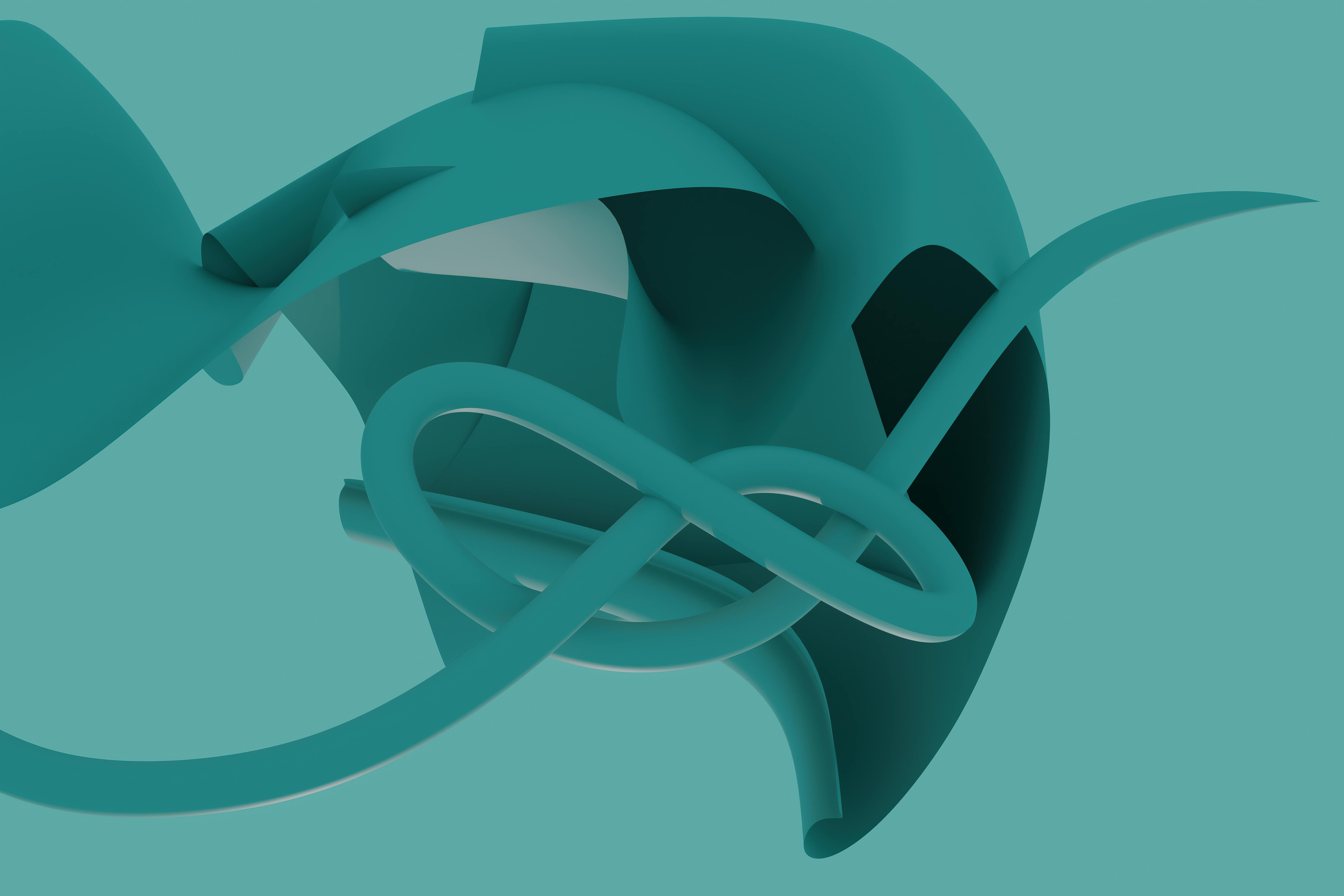 Abstract 3D rendering featuring fluid teal shapes on a matching background.