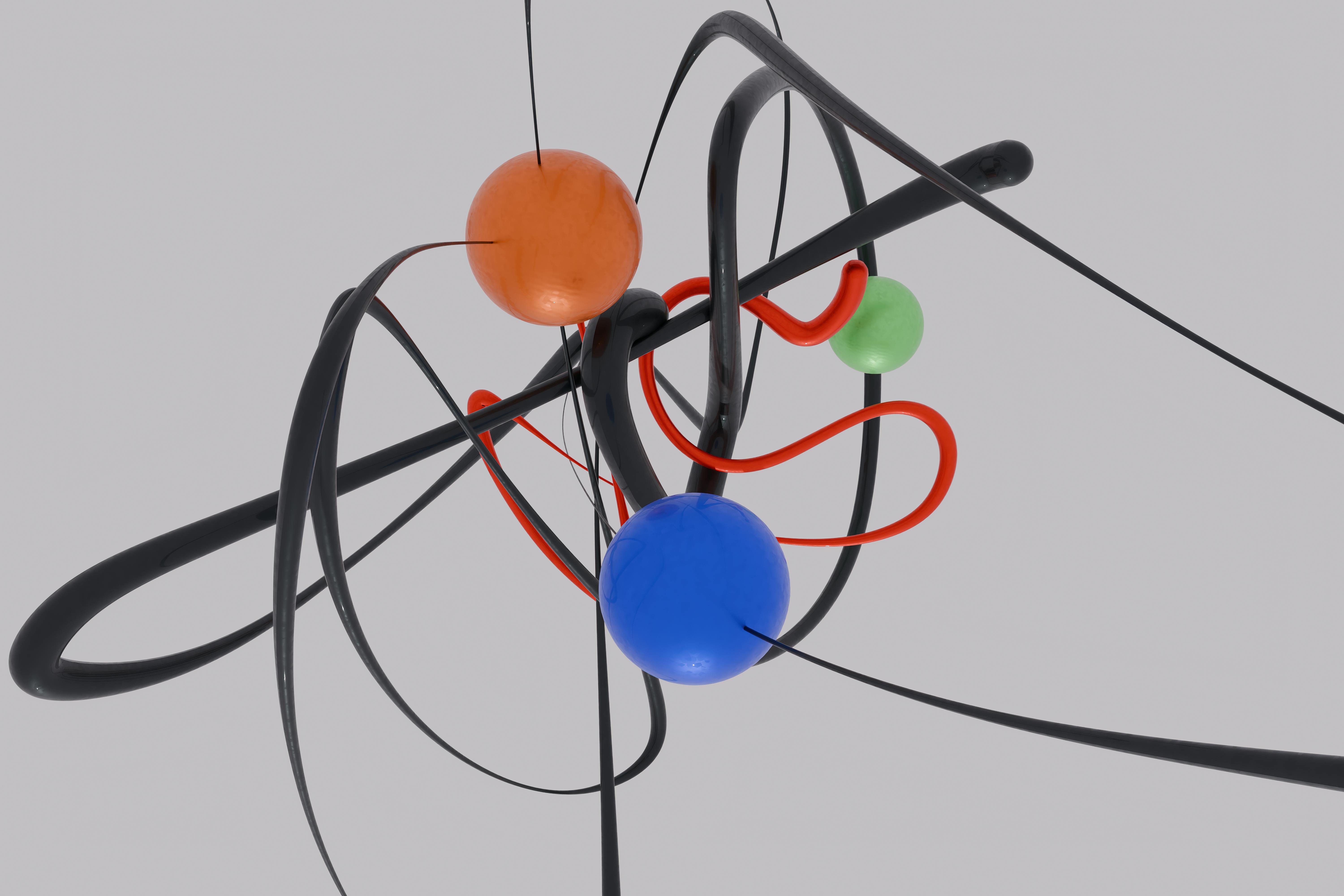 Безкоштовне Яскрава абстрактна композиція з барвистими сферами та динамічними звивистими лініями на нейтральному фоні. стокове фото