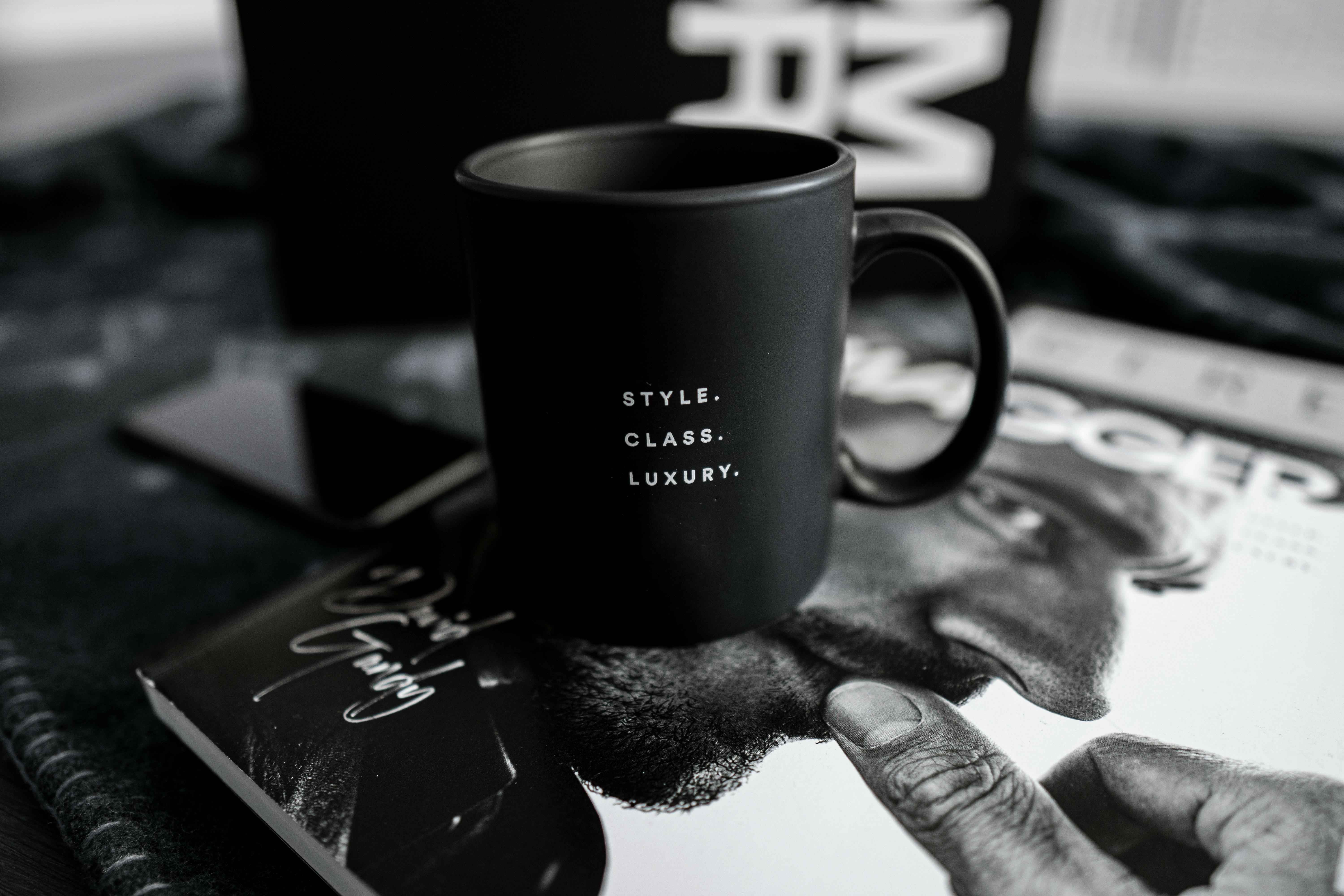 black and white ceramic mug