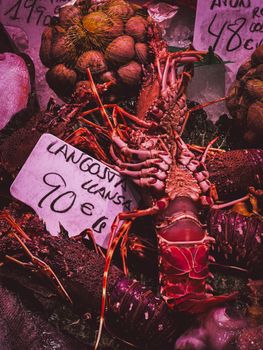 Vibrant display of langoustine for sale in a Barcelona market, priced at 90 euros.