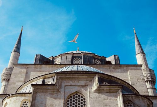 Free The Blue Mosque spires reaching the sky with a bird flying overhead. Stock Photo