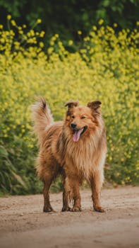 A happy golden Collie stands in a sunny field of yellow flowers in Mar del Plata, Argentina.