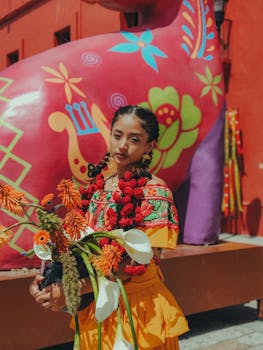 Young woman in traditional Oaxacan dress holding flowers against a vibrant backdrop in Mexico.