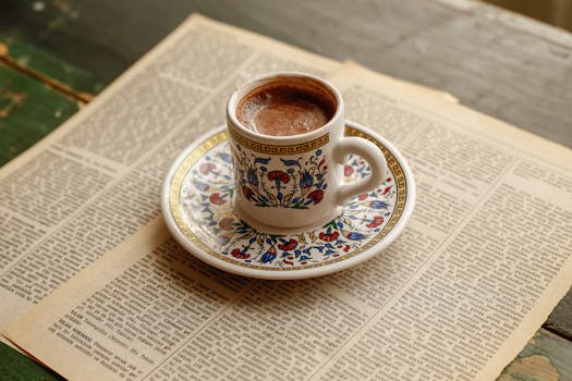 Elegant coffee cup with floral designs on vintage newspaper background, creating a rustic aesthetic.