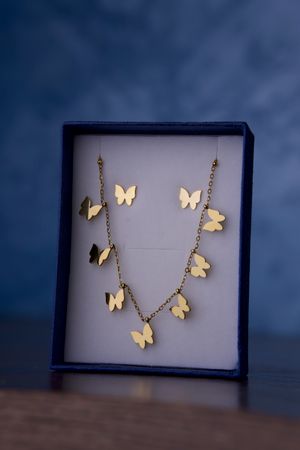 Butterfly pendant necklace in a velvet box — photo by Salim Da on Pexels