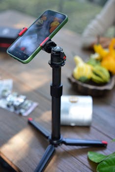 Smartphone mounted on a tripod with a colorful fruit setup in the background.