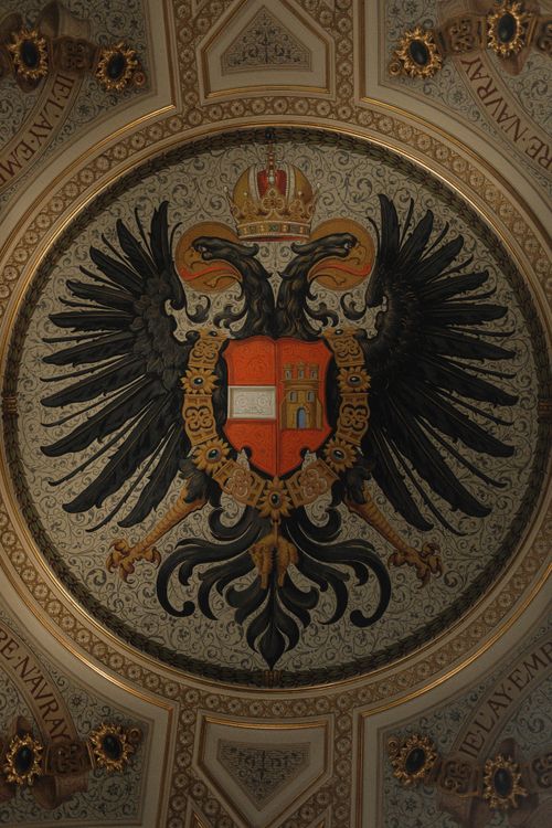 Free Ornate ceiling featuring double-headed eagle art, rich in detail and symbolism. Stock Photo