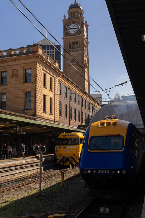 Free Trains at Sydney Central Station with iconic clock tower in view under a clear sky. Stock Photo