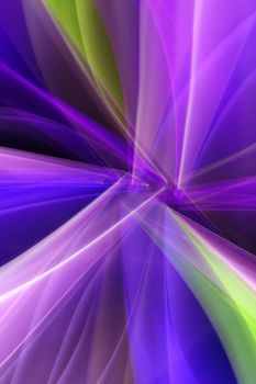 Dynamic abstract artwork featuring vibrant purple and green light swirls.