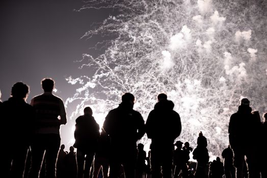 Silhouetted people watch dazzling fireworks illuminating the night sky with vibrant colors.