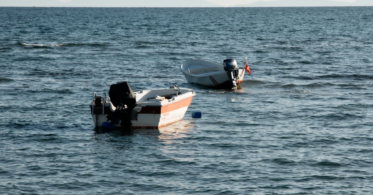 Boats on a calm ocean at a beach at sunset