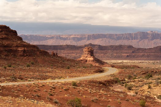 Vast scenic view of Utah's Canyonlands, featuring winding roads and red rock formations under a cloudy sky.