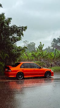 Bright orange car parked beside lush greenery during a rainy day, capturing a tropical vibe.