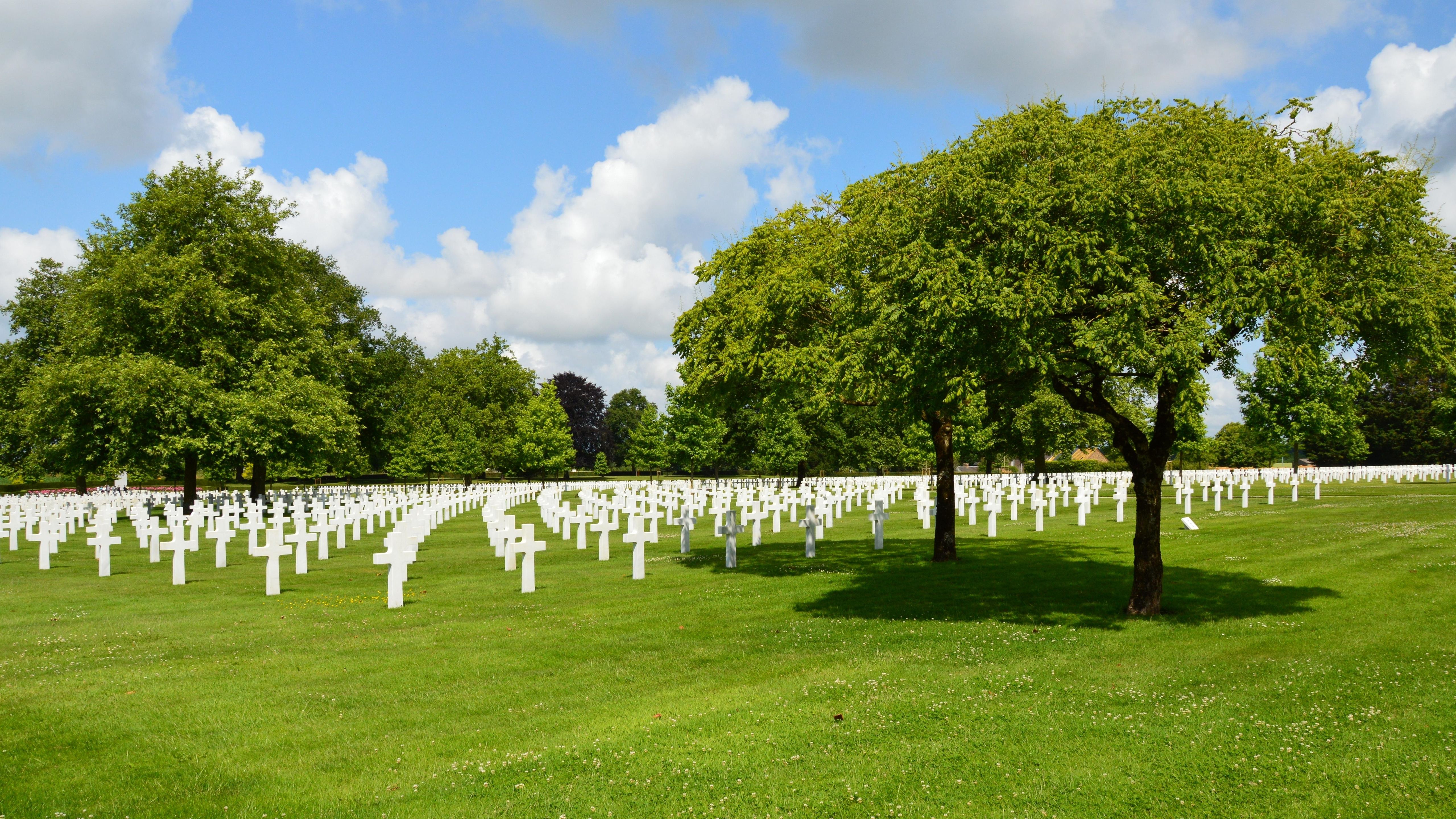 Serene view of white crosses at Normandy American Cemetery, Montjoie-Saint-Martin, France.