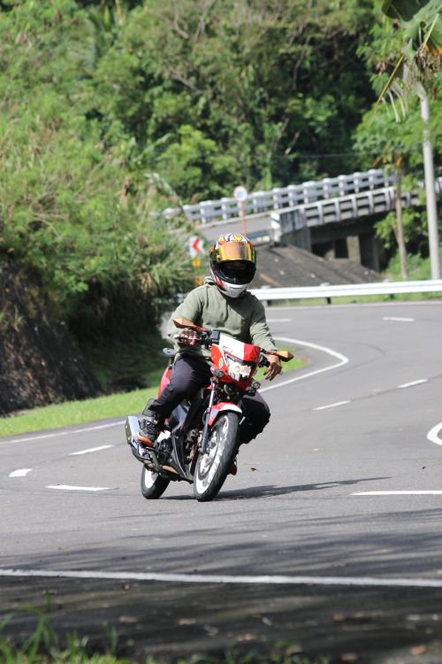 Free A motorcyclist wearing a helmet rides through a winding road surrounded by lush greenery on a sunny day. Stock Photo