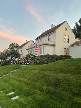 Classic suburban house with an American flag, lush lawn, and blooming hydrangeas.